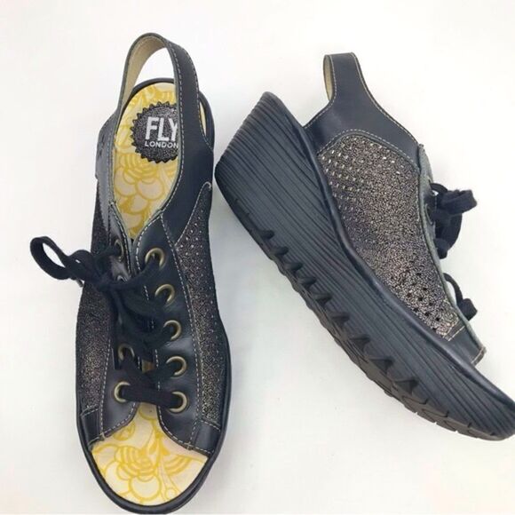 Fly London Black Metallic Perforated Leather Slingback Lace Up Chunky Wedges - Picture 5 of 16